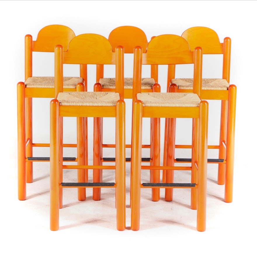 Five Hank Loewenstein Inc. Post-Modern Orange-Stained Beech Bar Stools