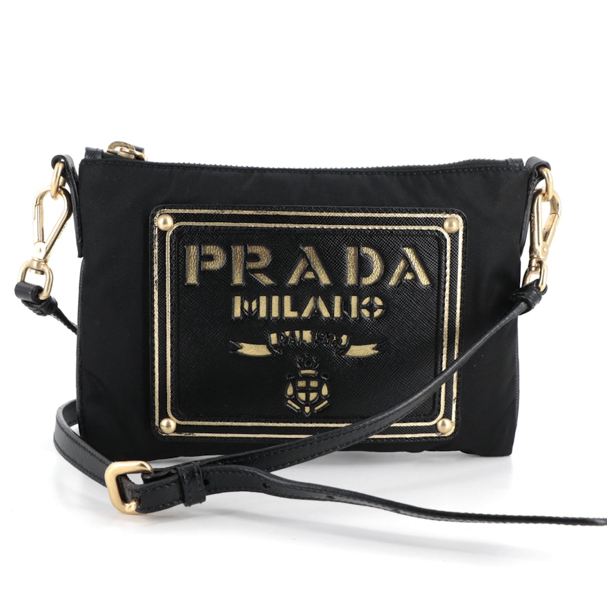 Prada Black and Gold Saffiano Leather and Nylon Pouch with Detachable Strap