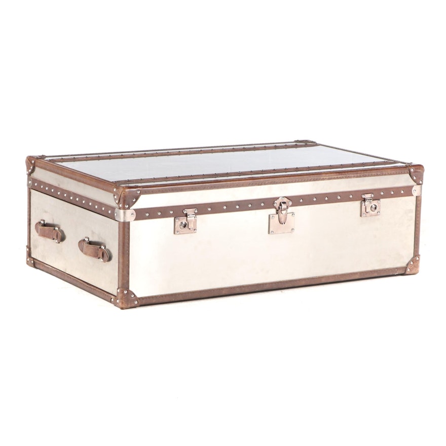 Restoration Hardware Leather-Bound Stainless Steel Trunk-Form Coffee Table