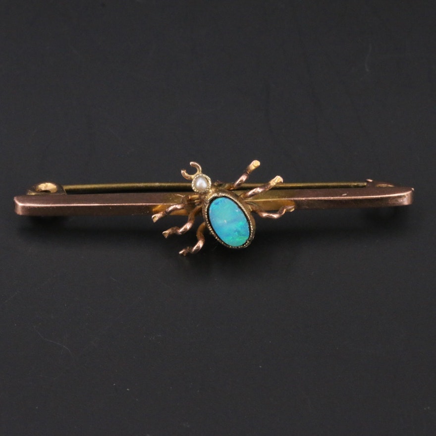 Victorian 9K Opal and Pearl Spider Brooch