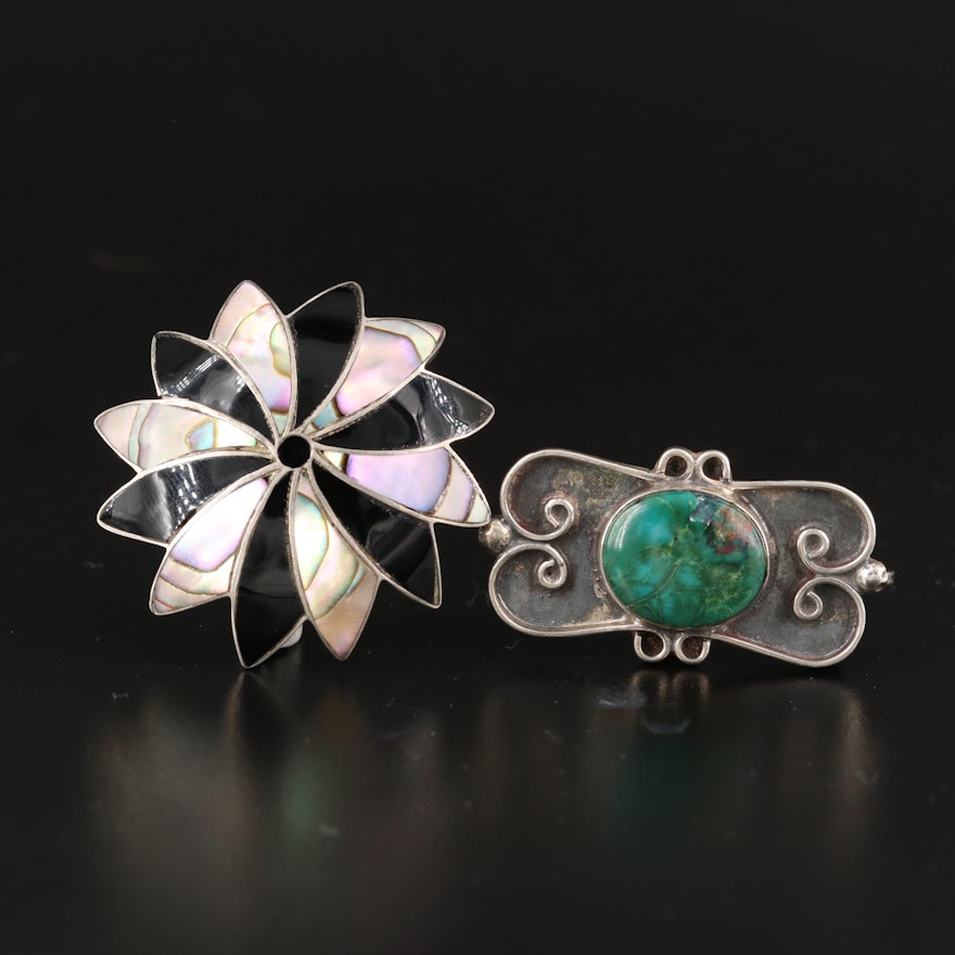 Mexican Sterling Converter Brooches with Abalone, Chrysocolla and Enamel