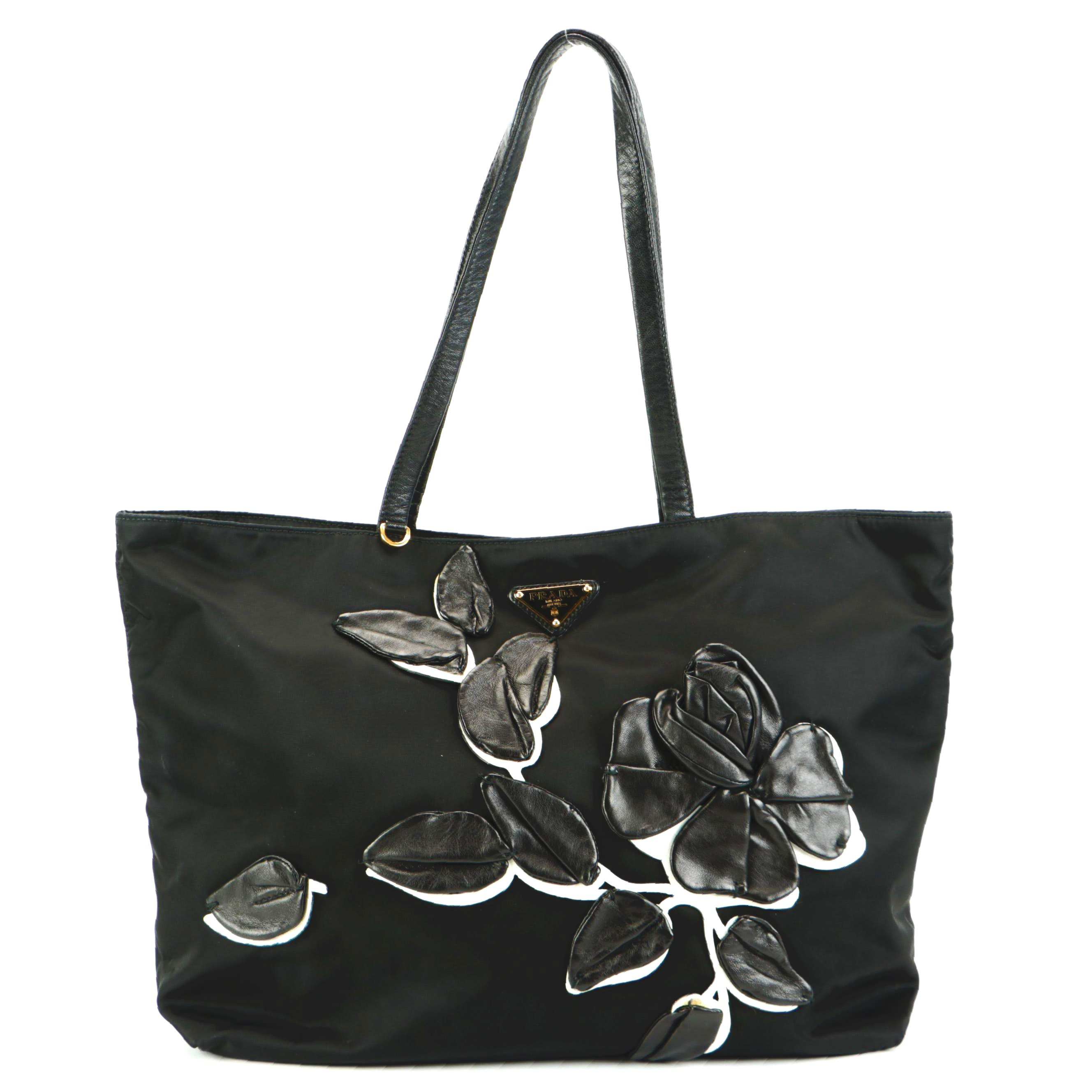 Prada Black Tessuto Nylon Tote with Leather Rose and Leaf Appliqués