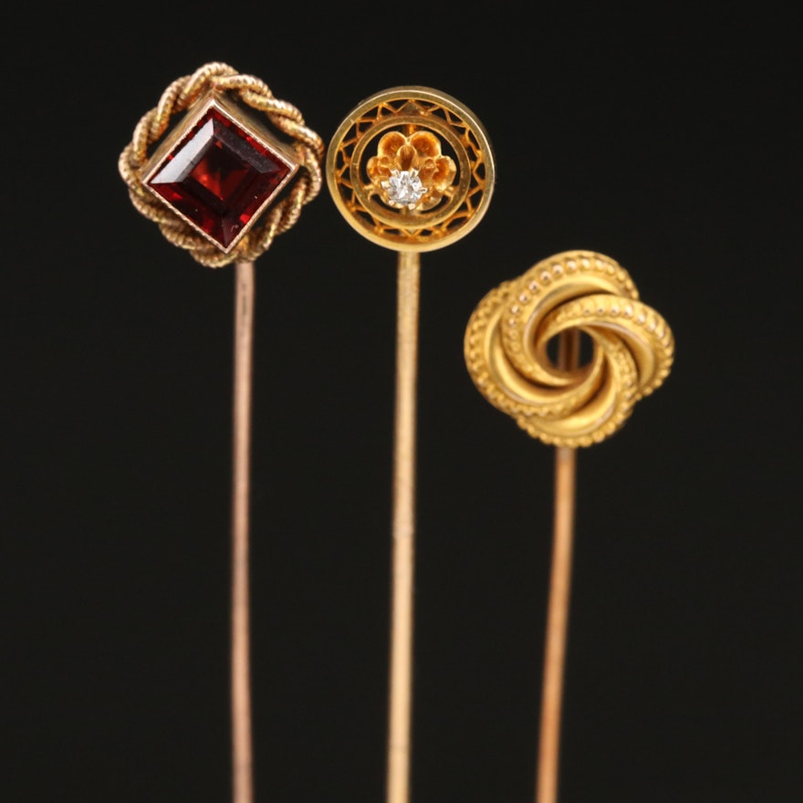 Vintage 14K and 10K Diamond and Garnet Stick Pins