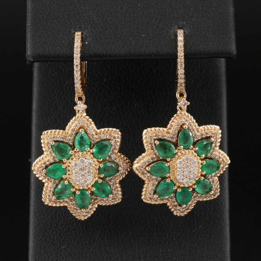 14K Emerald and Diamond Floral Star Earrings