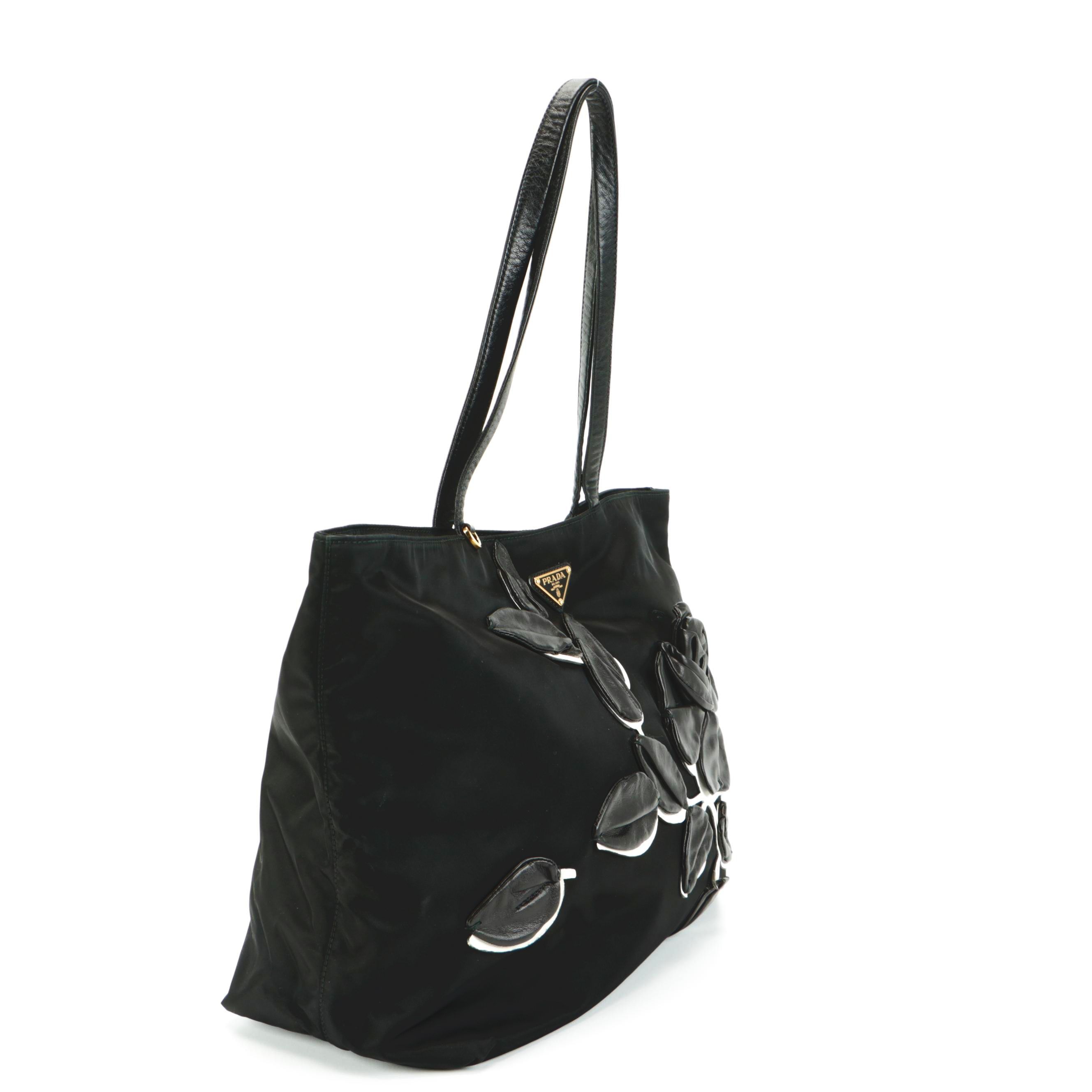 Prada Black Tessuto Nylon Tote with Leather Rose and Leaf Appliqués