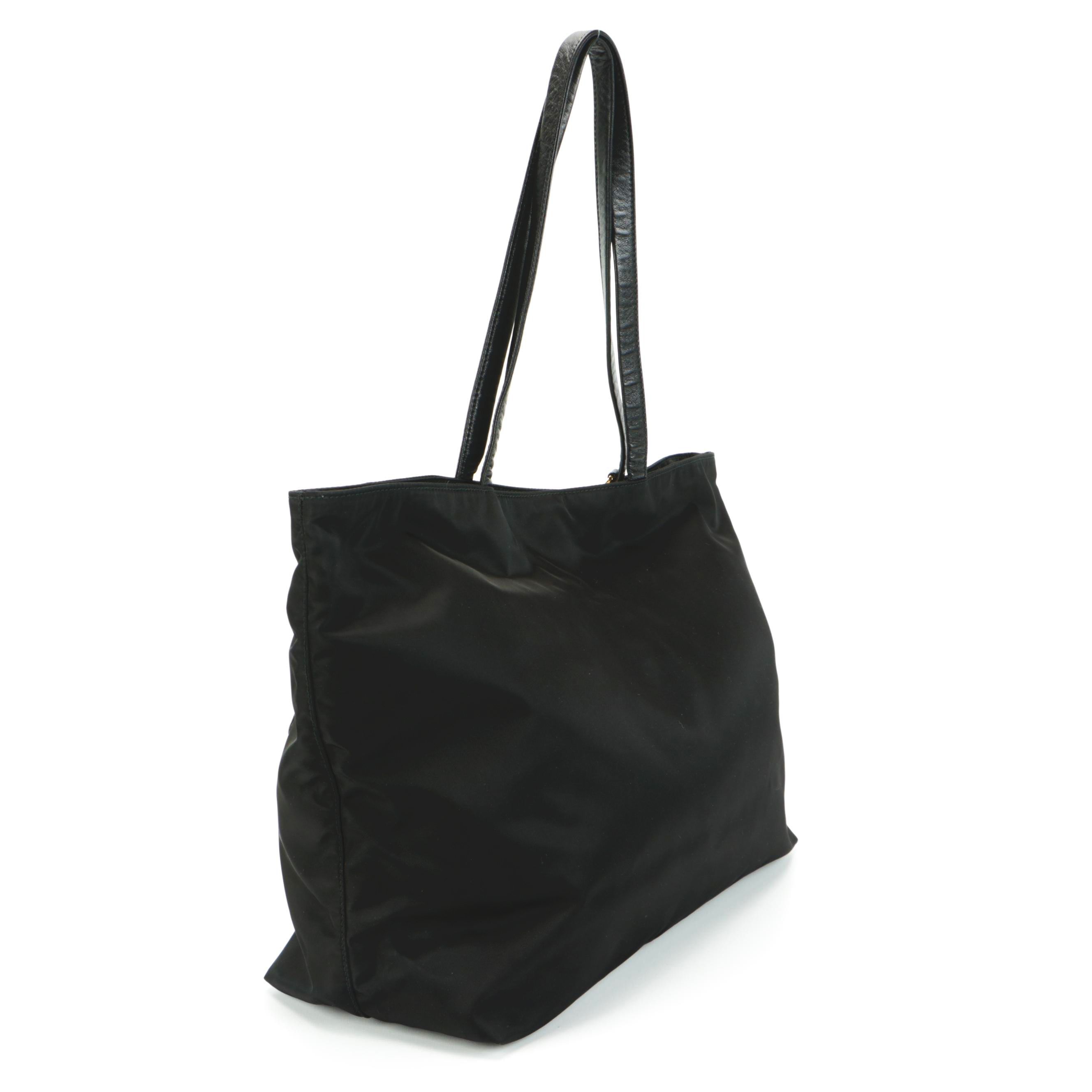Prada Black Tessuto Nylon Tote with Leather Rose and Leaf Appliqués