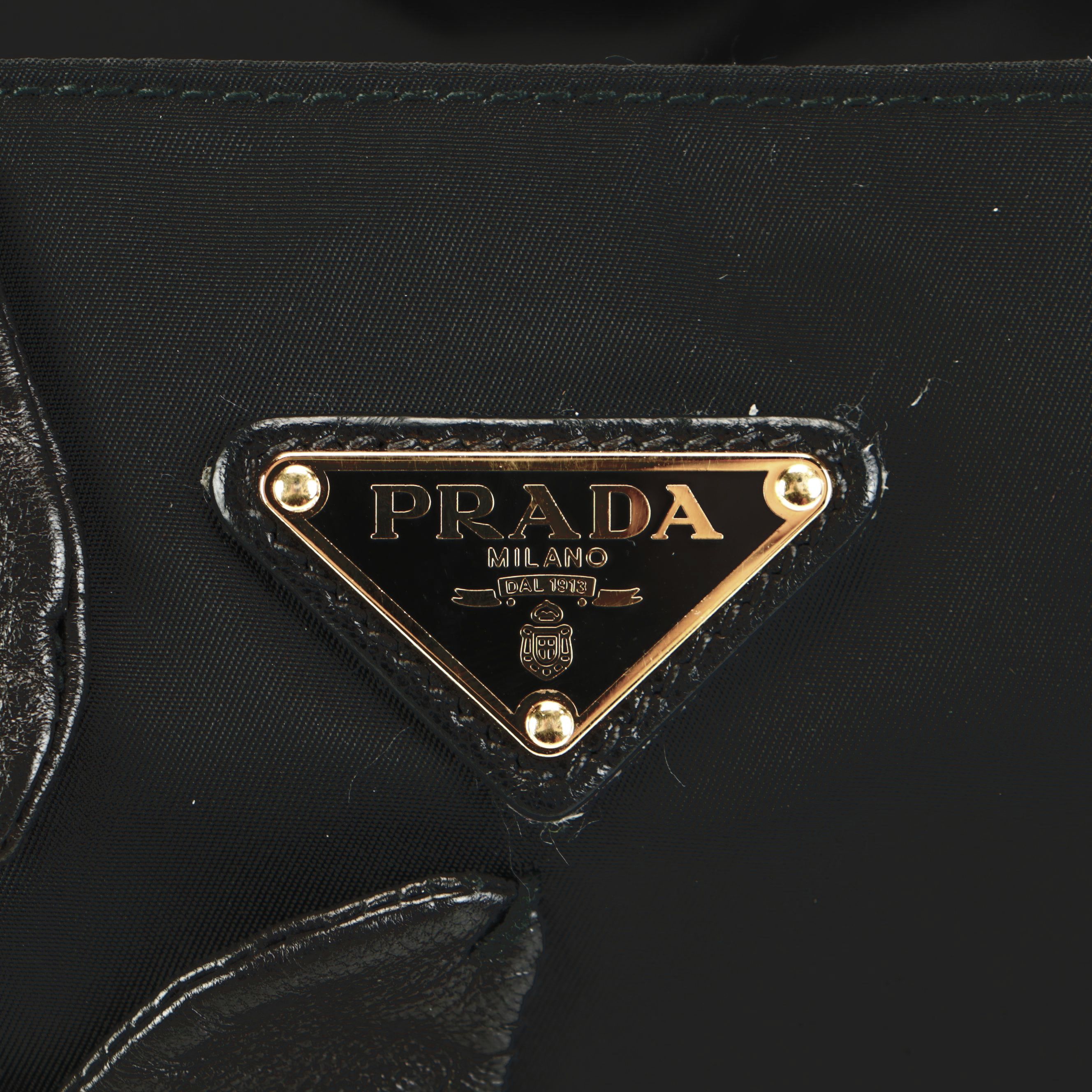Prada Black Tessuto Nylon Tote with Leather Rose and Leaf Appliqués