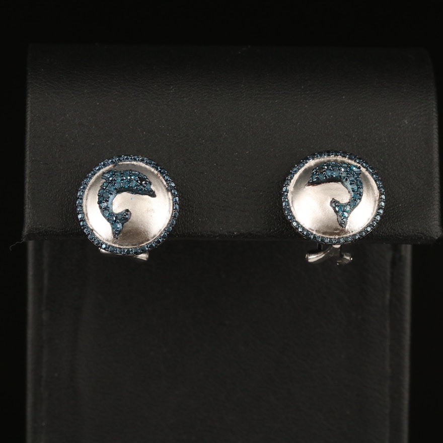 Sterling Diamond Dolphin Button Earrings