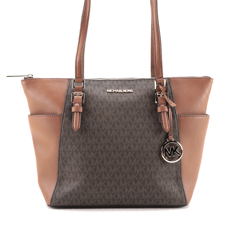 Michael Kors Charlotte Large Tote in Brown Logo Coated Canvas and Leather