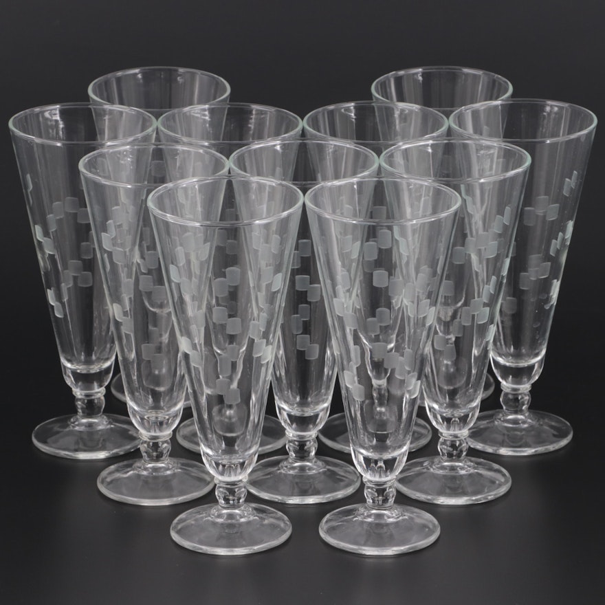 Clear Etched Glass Footed Pilsner Glasses, Late 20th Century