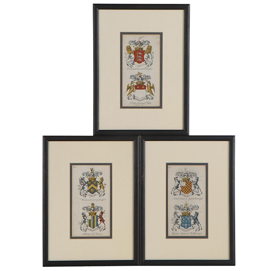 English Heraldic Crest Hand-Colored Engravings, 18th Century