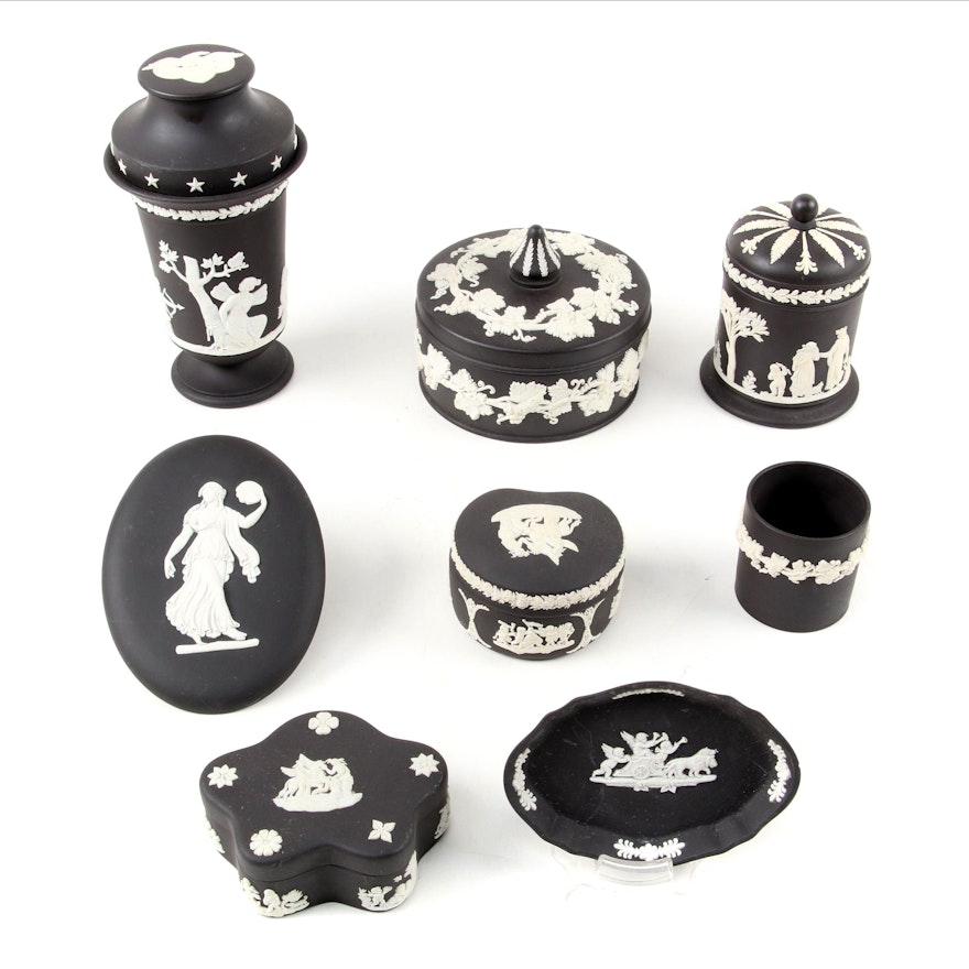 Wedgwood Cream on Black Jasperware Boxes, Lidded Jar, Vase, and More