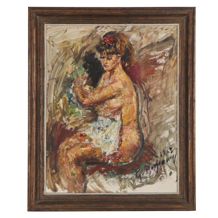 Figurative Impasto Oil Painting of Female Nude Bather, 1963
