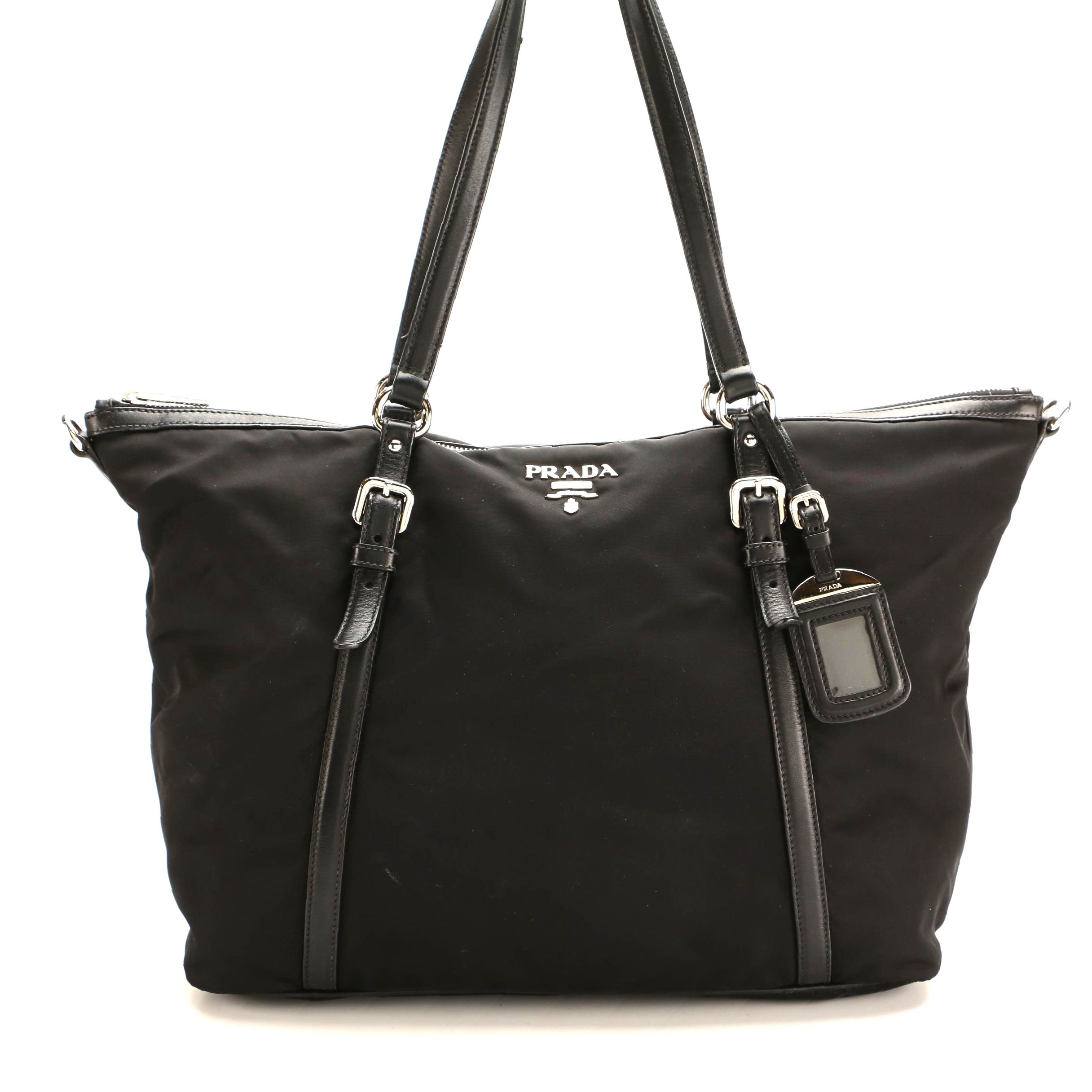 Prada Black Tessuto Nylon Tote Bag with Leather Trim