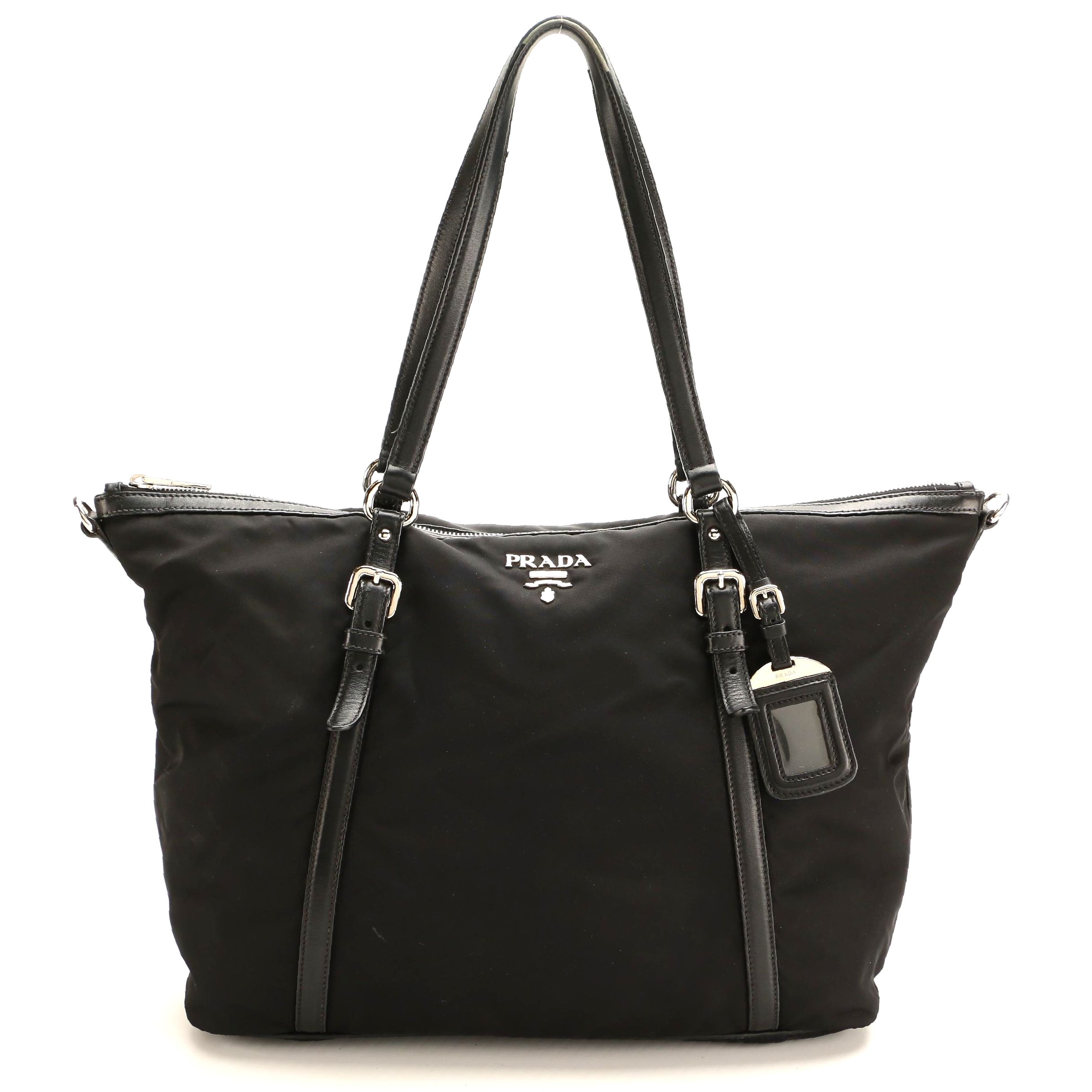 Prada Black Tessuto Nylon Tote Bag with Leather Trim