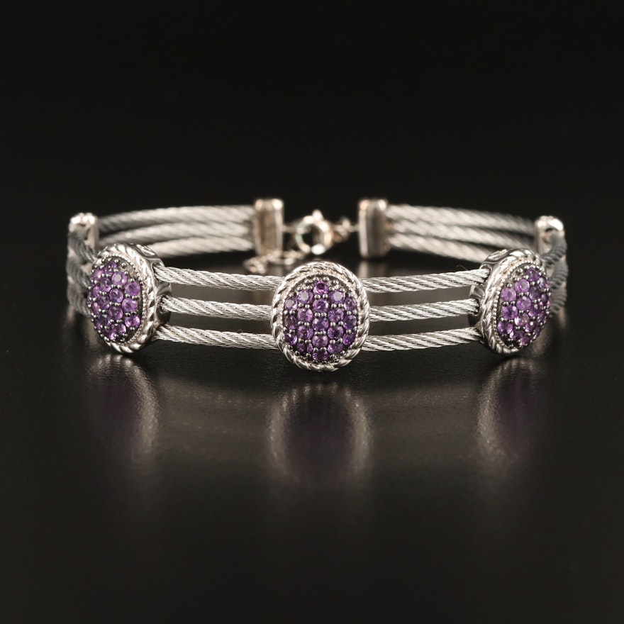 Sterling Amethyst Cluster Stations on Stainless Steel Cable Bracelet