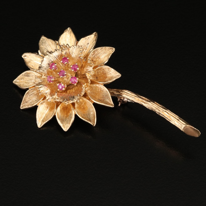 Vintage 14K Ruby Floral Motif Pin