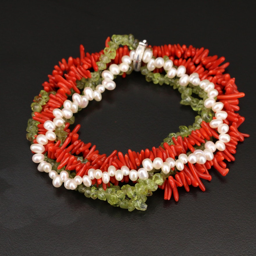 Expandable Pearl, Coral and Peridot Bracelets with Sterling Clip