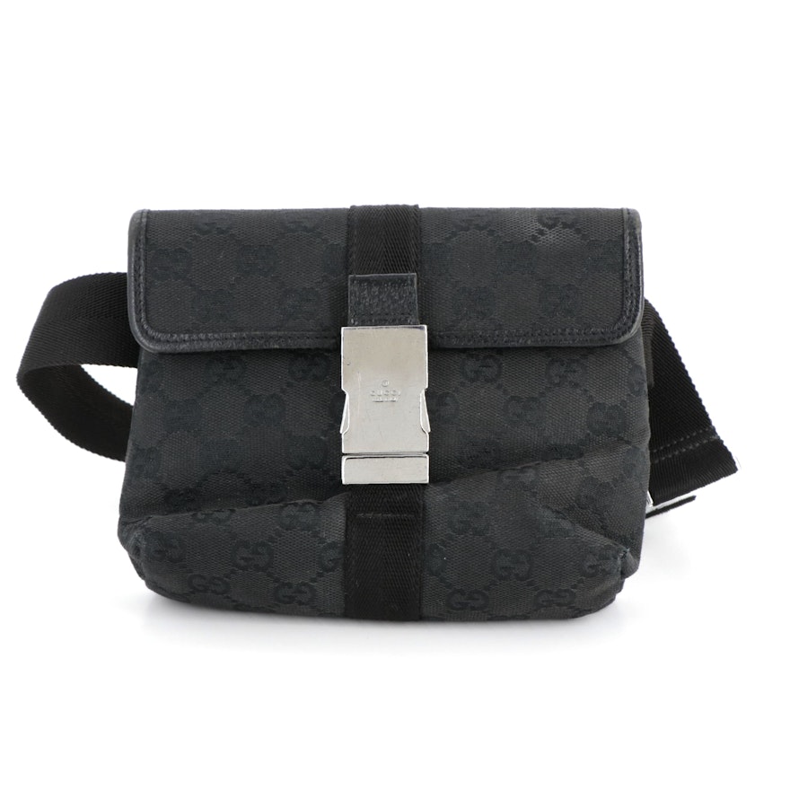 Gucci Single Compartment Belt Bag in Black GG Canvas and Leather Trim