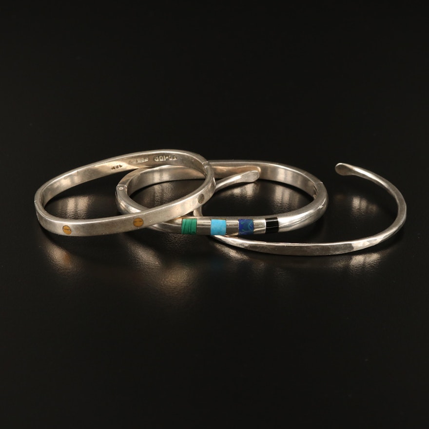 Mexican Sterling Silver Bangles with Hammered Cuff