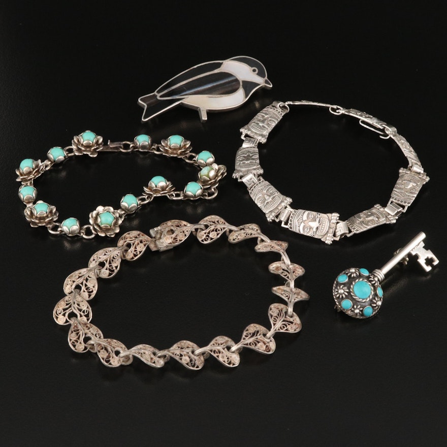 Sterling Bracelets and Brooches Featuring R & F Milliron Zuni Inlay Bird Brooch