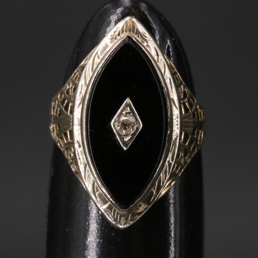 1930s 14K Diamond and Black Onyx Openwork Navette Ring