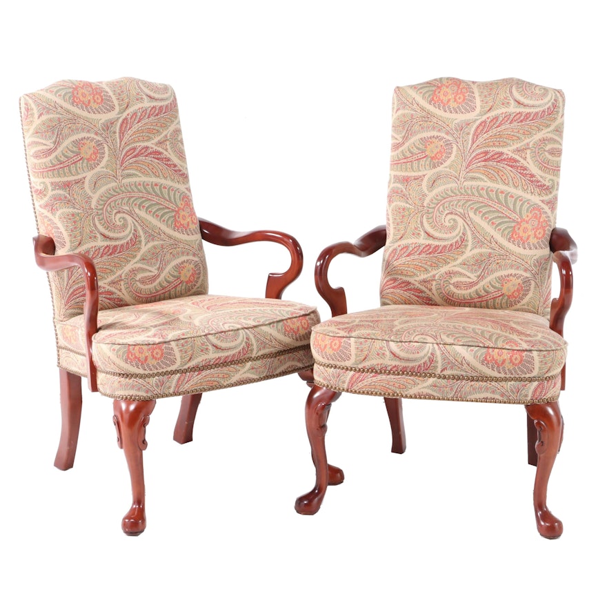Pair of Queen Anne Style Brass-Tacked and Upholstered Cherrywood Armchairs
