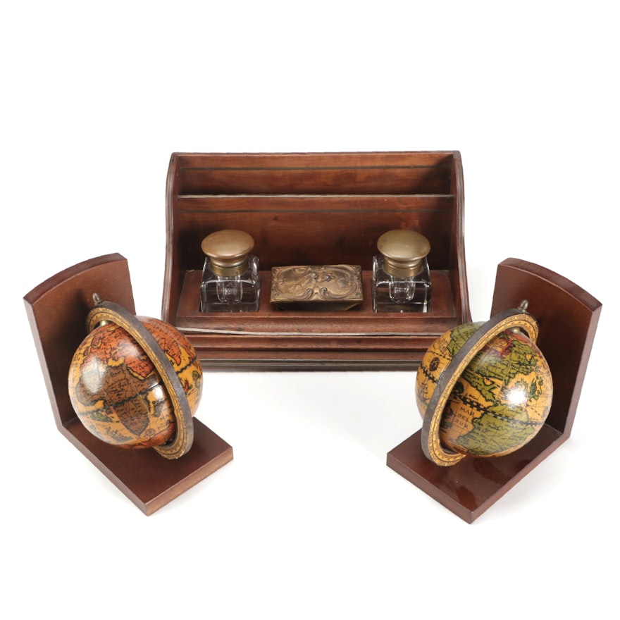 Edwardian Wooden Desk Organizer with Inkwells and Other Bookends