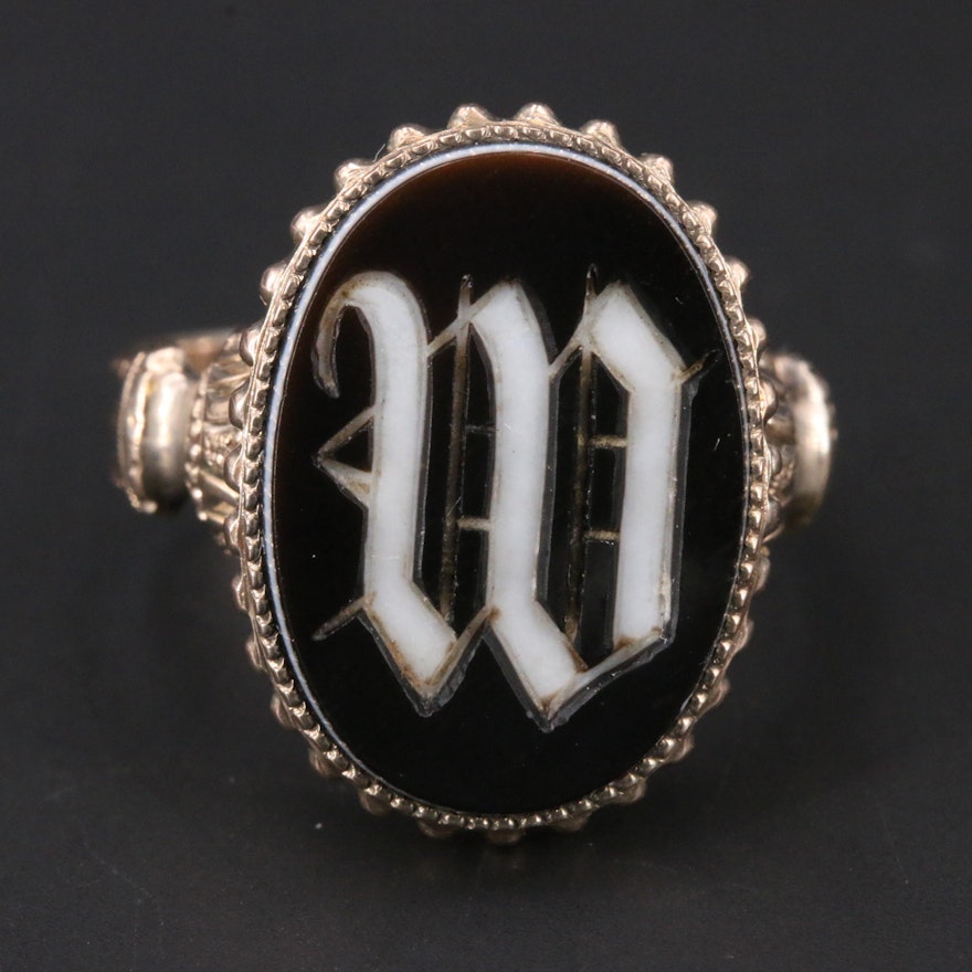 Victorian 10K Onyx "W" Intaglio Signet Ring