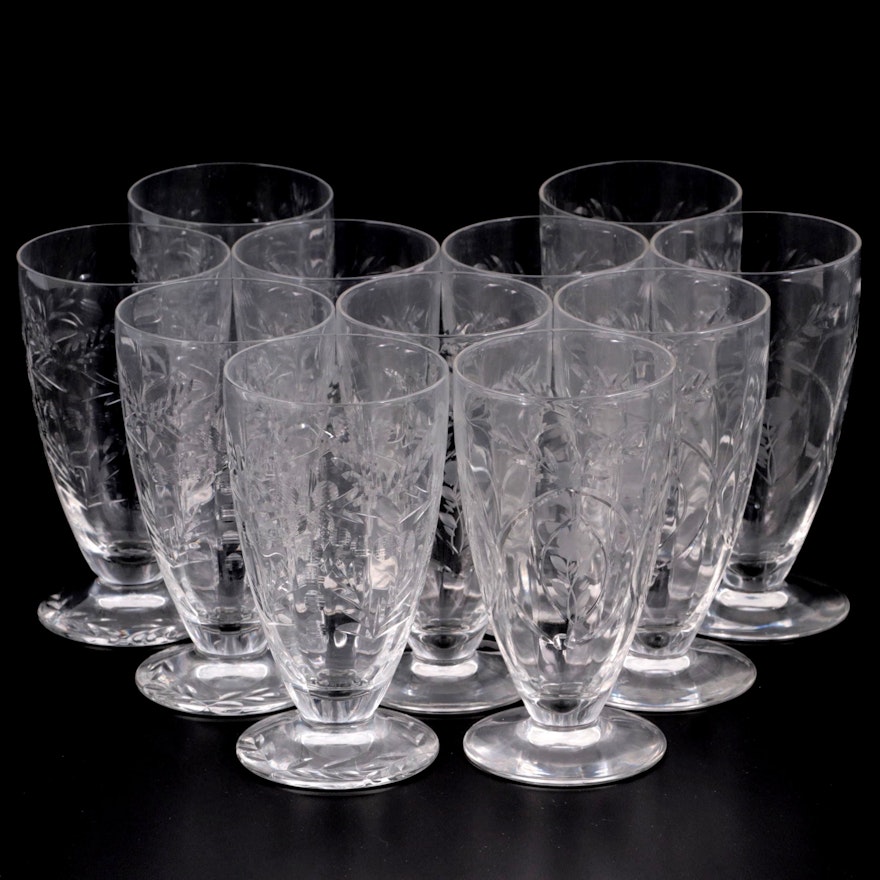 Floral Etched Footed Water Glasses