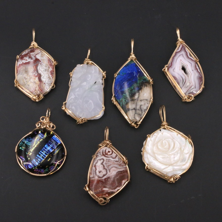 Wire Wrapped Pendants Including Polished Agate Jadeite, Azurmalachite and Others