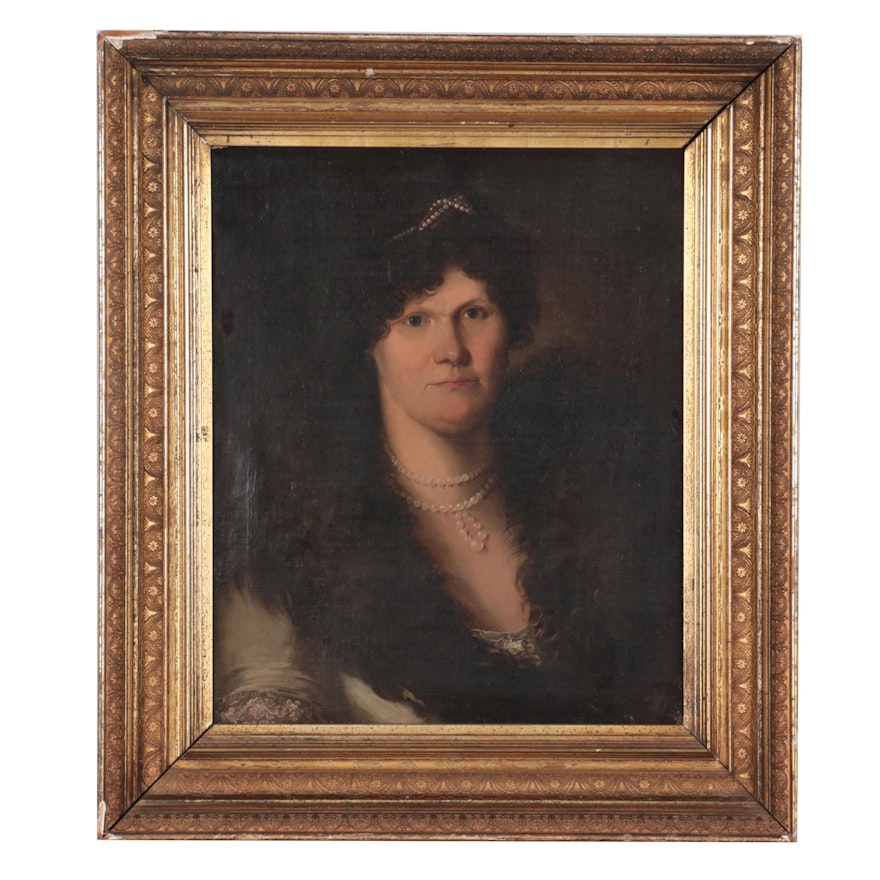 Oil Portrait of Woman with Pearl Necklace, 19th Century