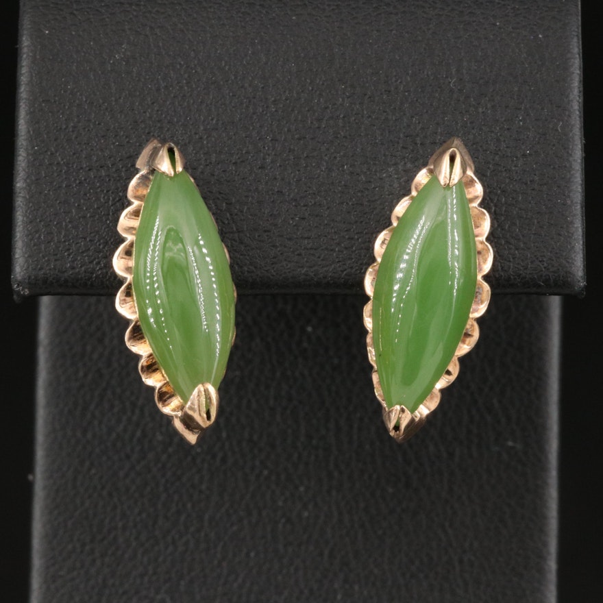 Vintage 10K Nephrite Navette Earrings