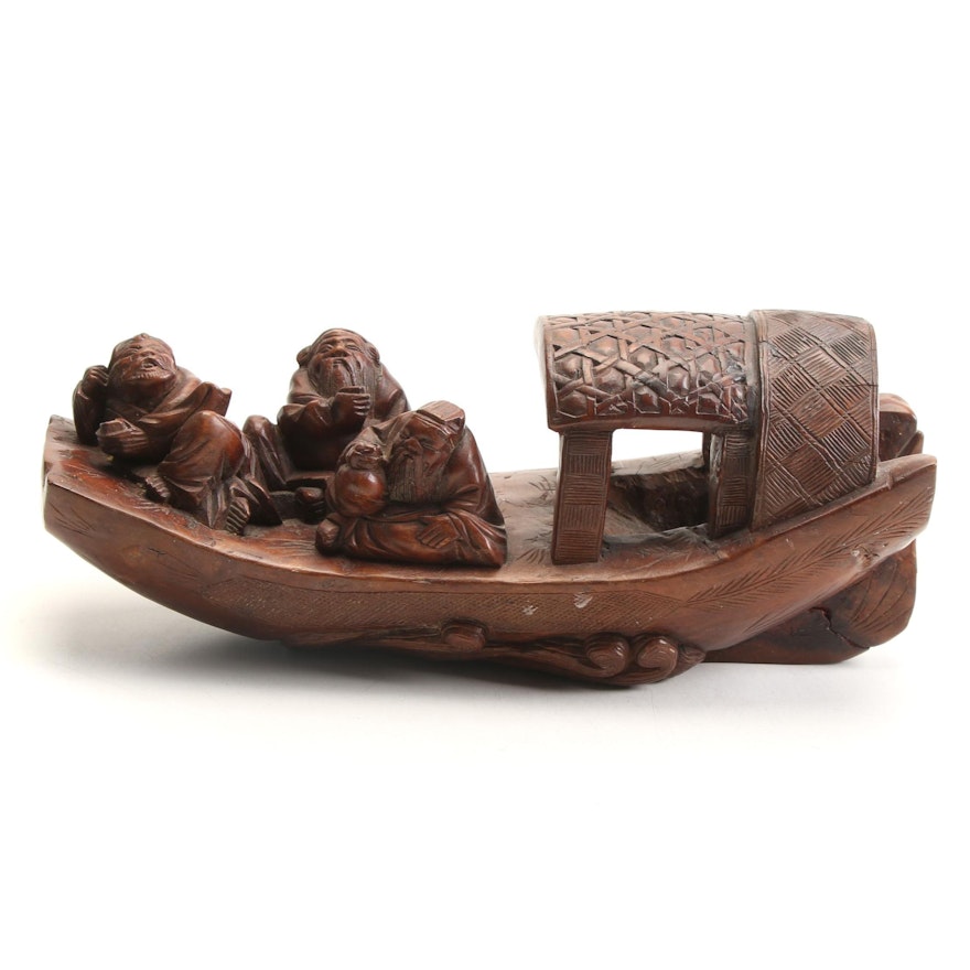 Chinese Carved Three Men in a Boat Wooden Figurine