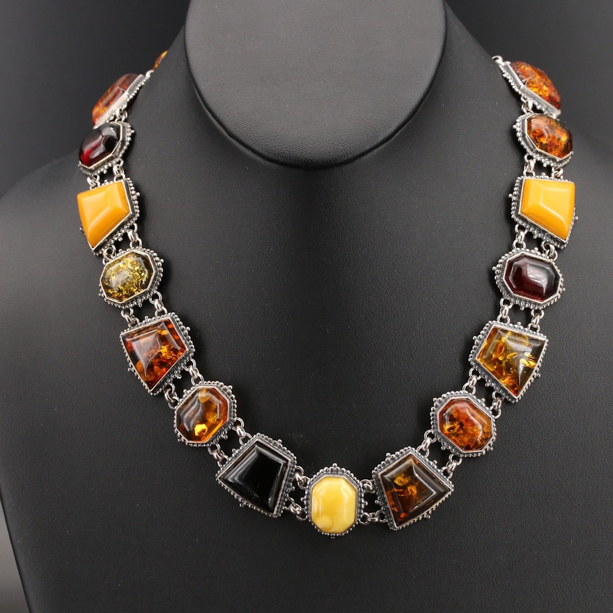 Sterling Amber Geometric Link Necklace