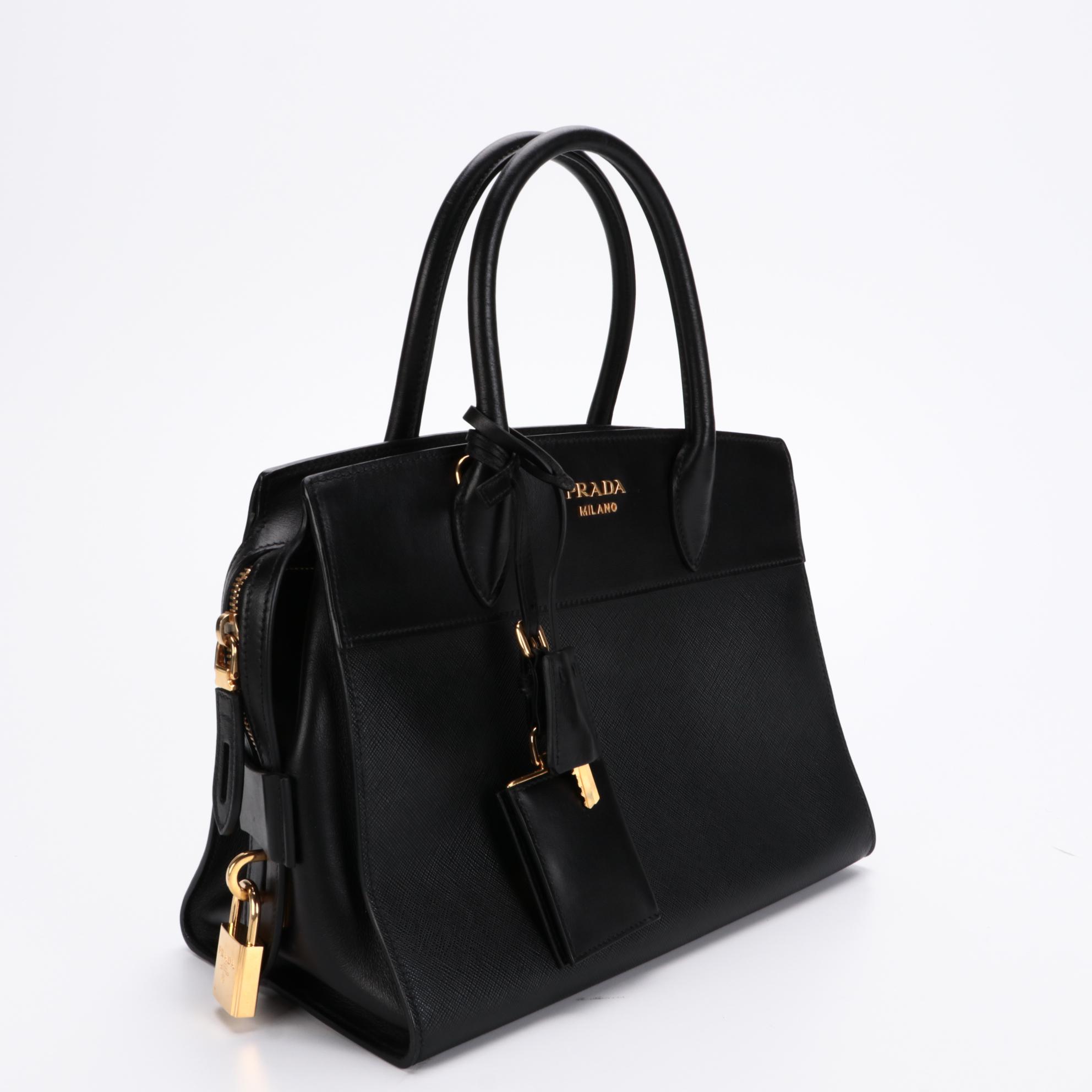 Prada Black Saffiano and Smooth Leather Top Handle Bag