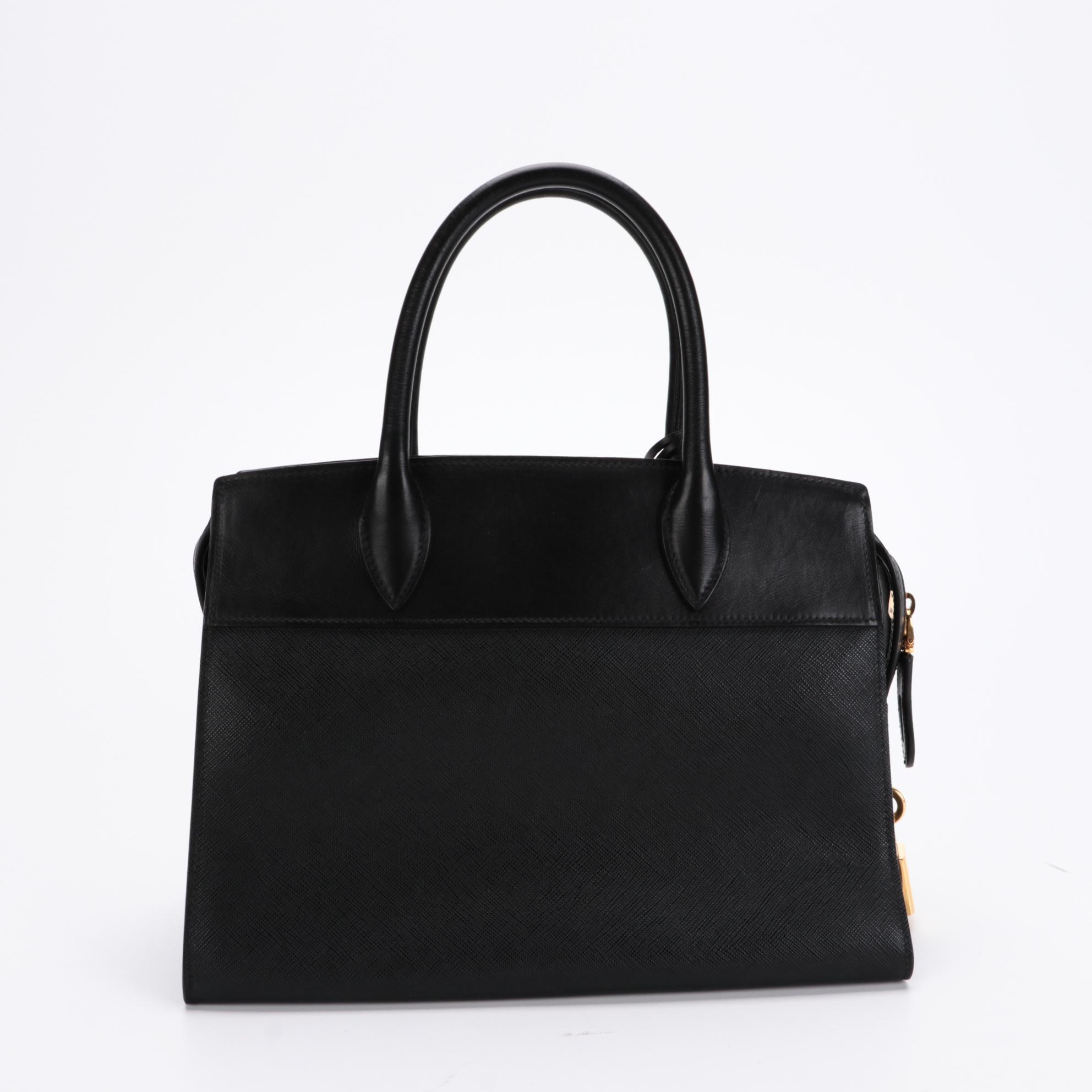 Prada Black Saffiano and Smooth Leather Top Handle Bag
