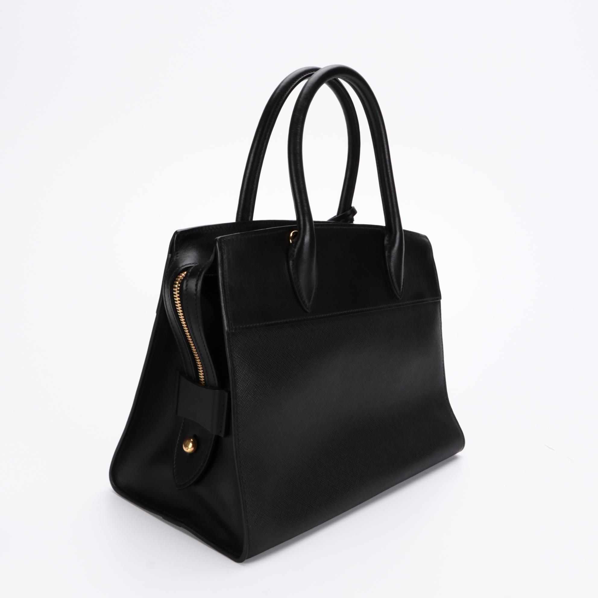 Prada Black Saffiano and Smooth Leather Top Handle Bag