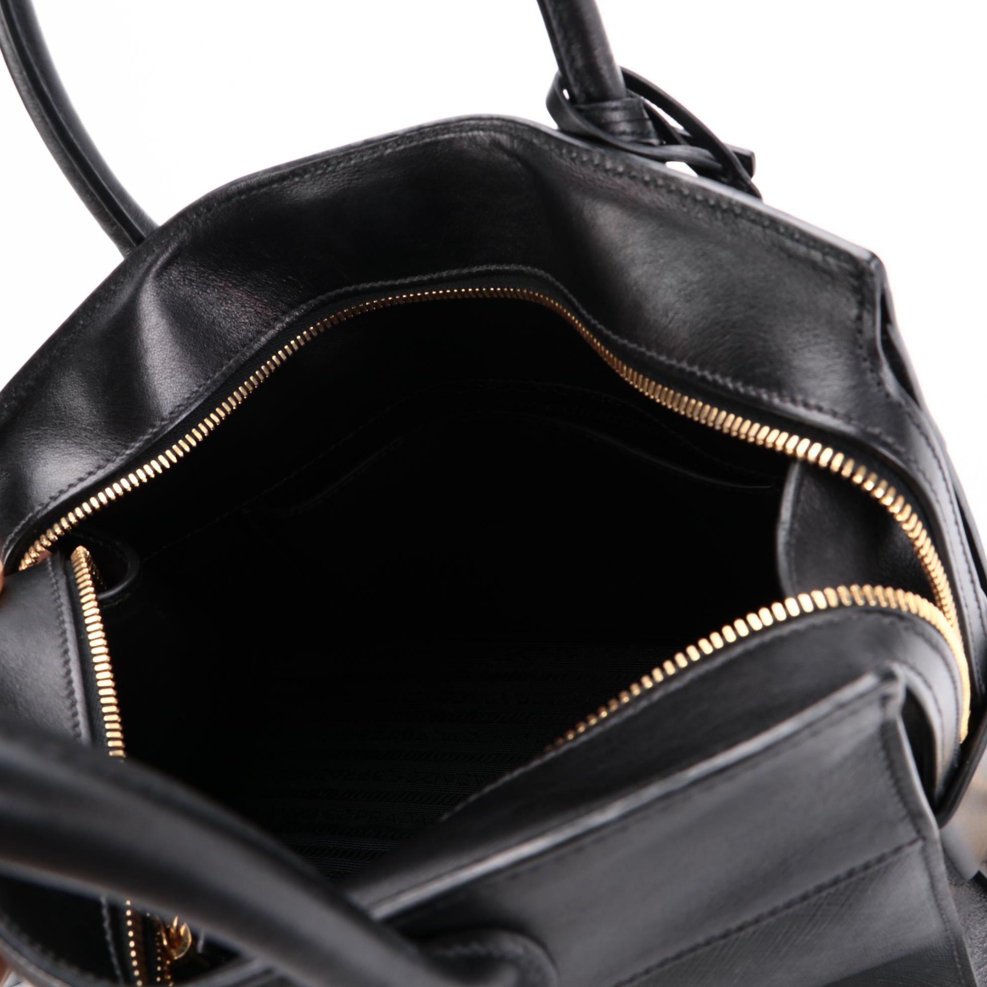 Prada Black Saffiano and Smooth Leather Top Handle Bag