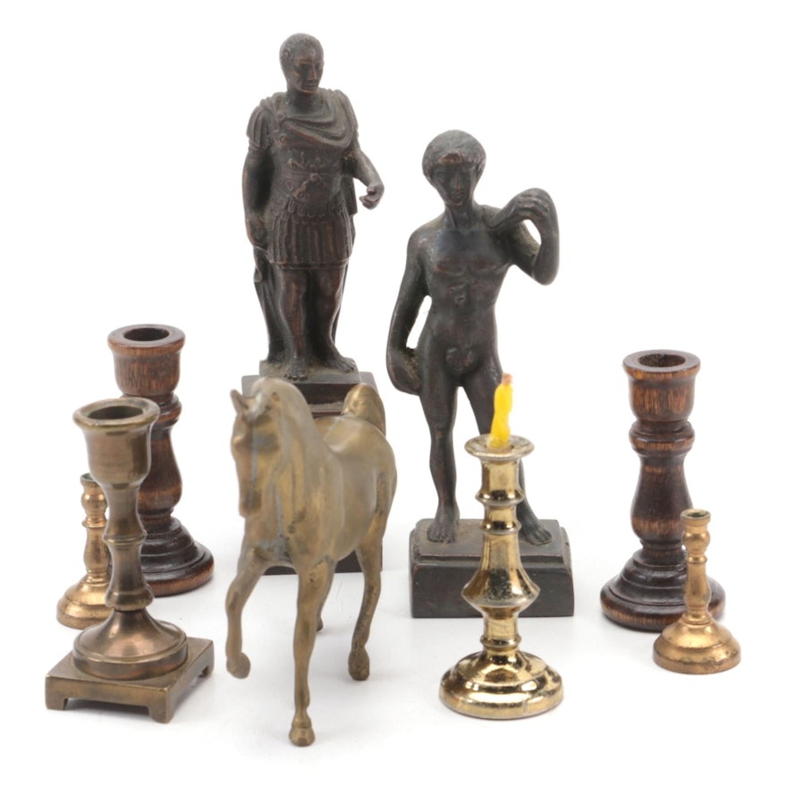Metal and Wood Miniature Candlesticks with Other Metal Figurines