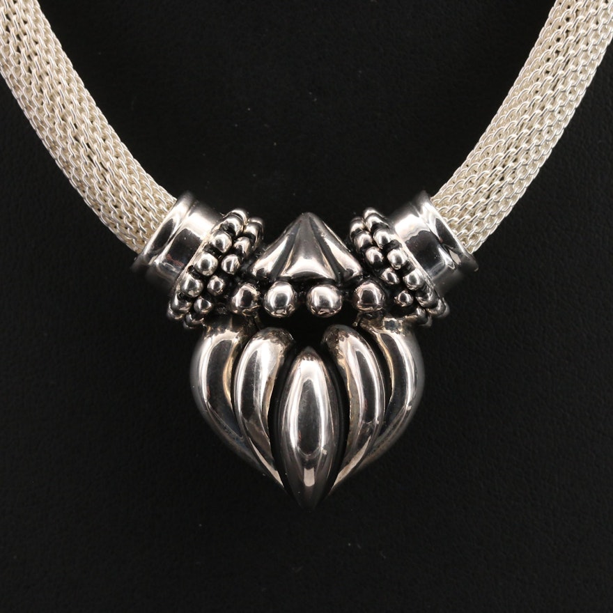 Joseph Esposito Sterling Mesh Necklace with Fluted Heart Pendant