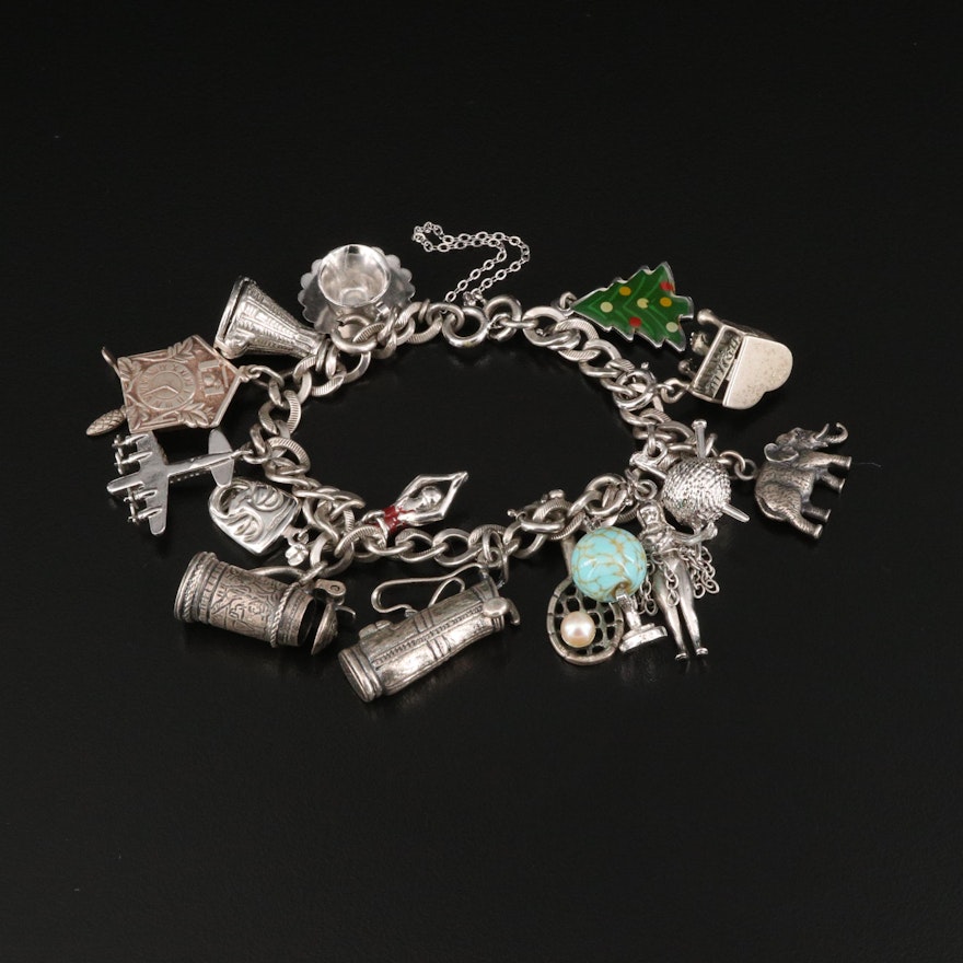 Vintage Danecraft Sterling Charm Bracelet with Assorted Glass and Enamel Charms