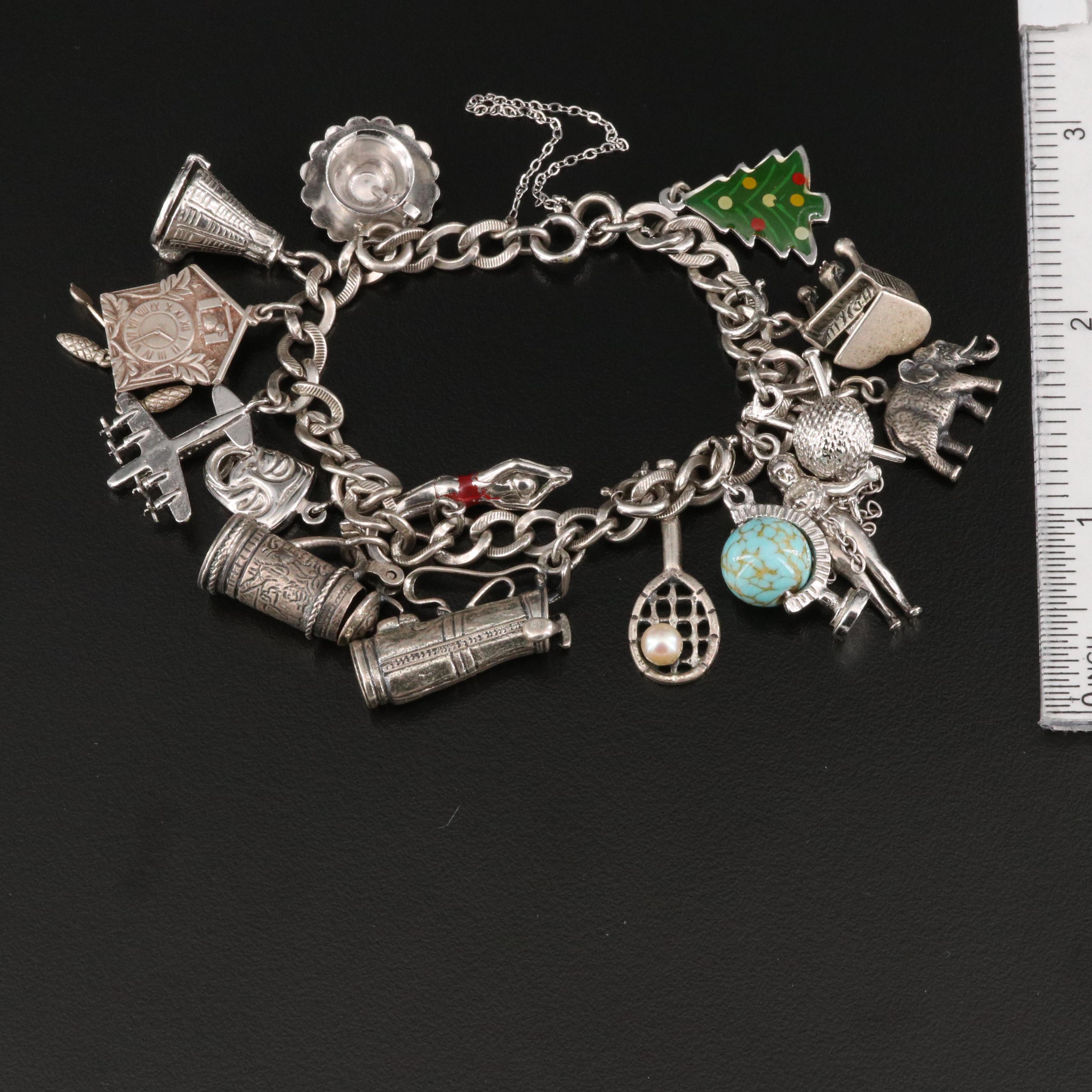 Vintage Danecraft Sterling Charm Bracelet with Assorted Glass and Enamel Charms