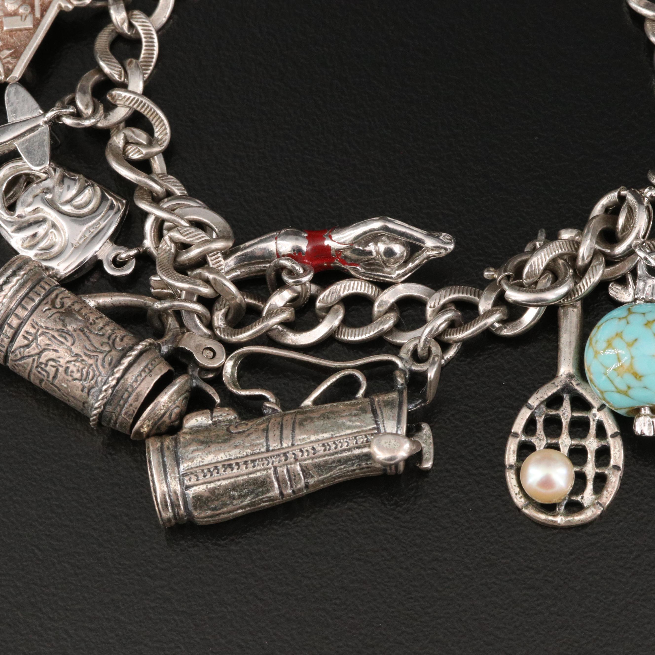 Vintage Danecraft Sterling Charm Bracelet with Assorted Glass and Enamel Charms