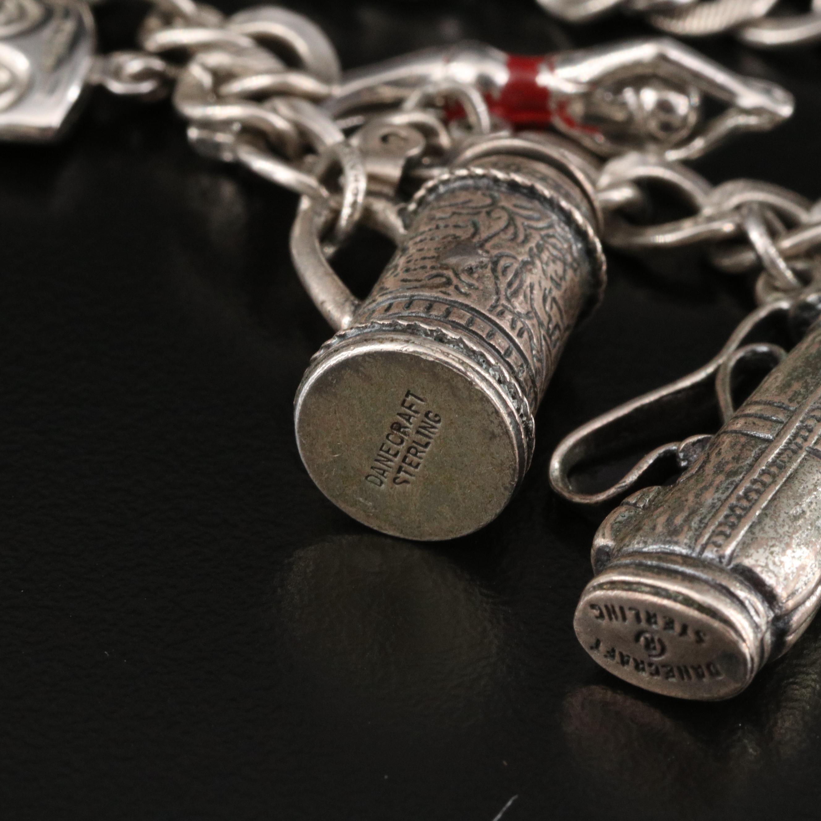 Vintage Danecraft Sterling Charm Bracelet with Assorted Glass and Enamel Charms