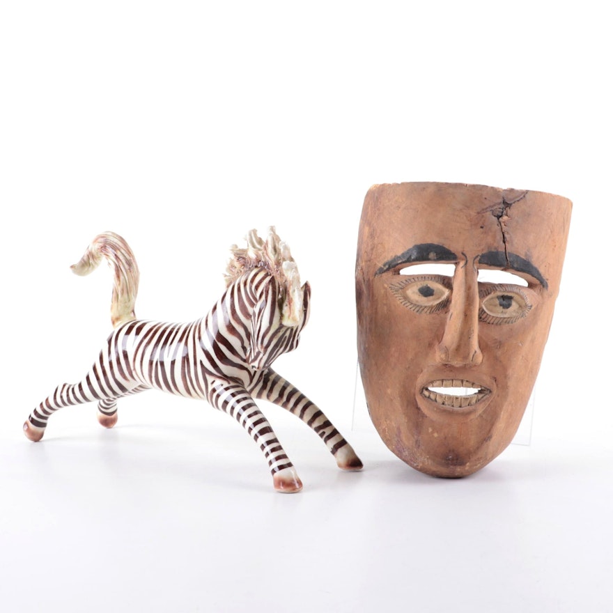 Mexican Ceramic Zebra Figurine and Carved Wood Face Mask