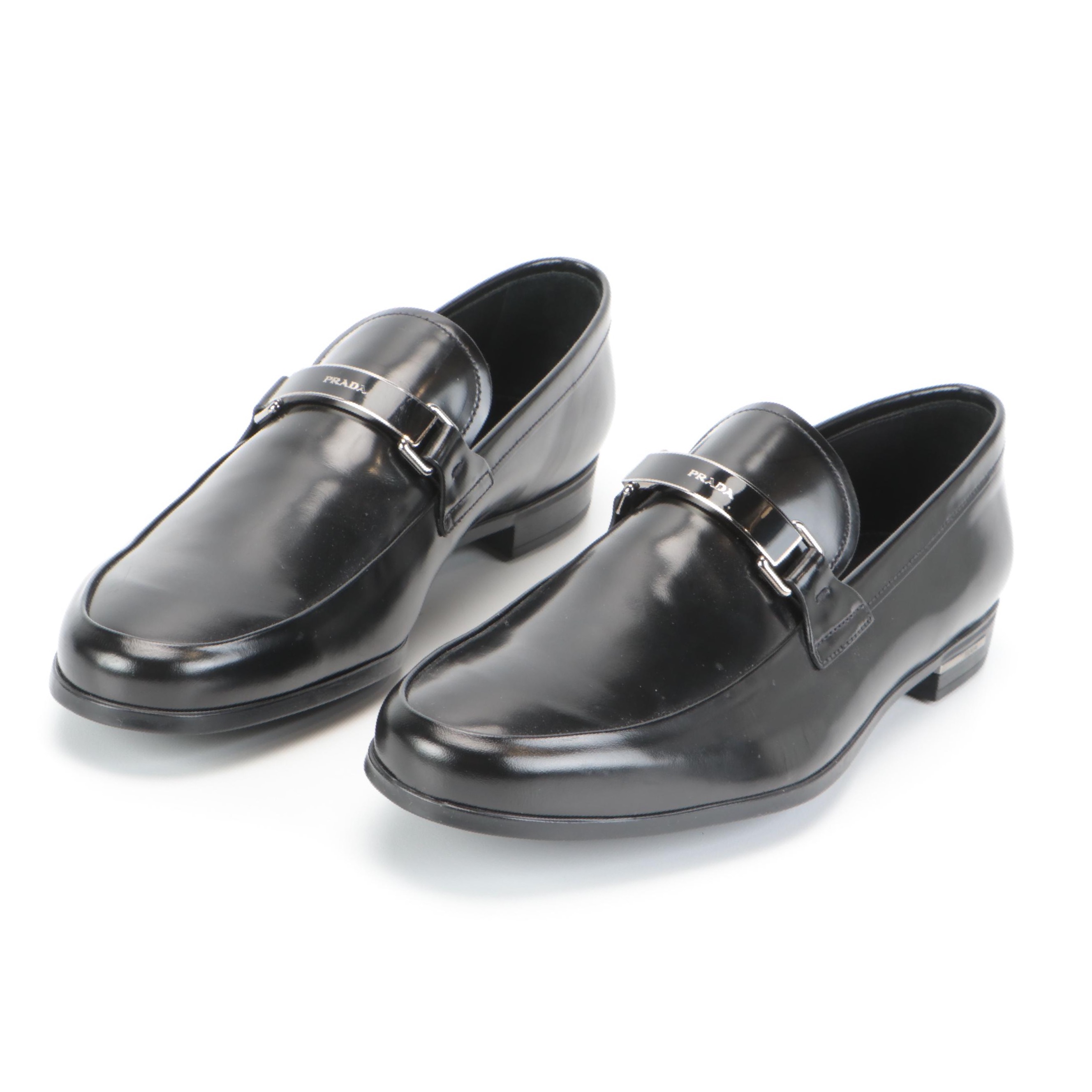 Men's Prada Black Glazed Smooth Leather Logo Plaque Loafers