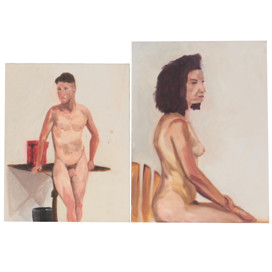 Figurative Oil Paintings of Seated and Standing Nudes, Late 20th Century