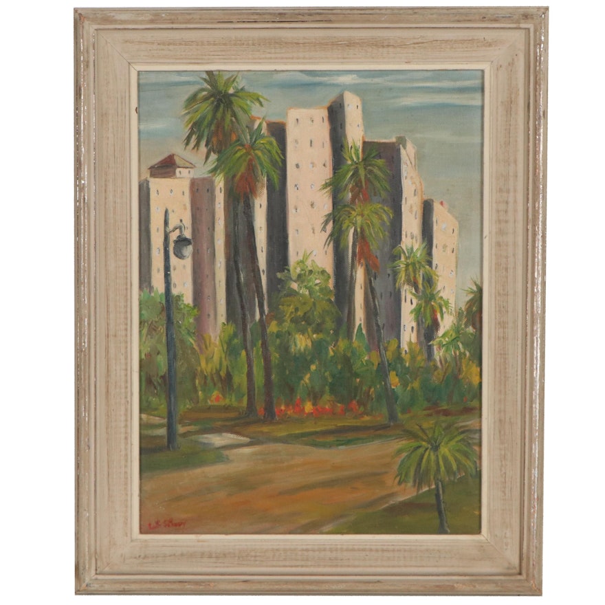 Oil Painting of City with Palm Trees, Late 20th Century