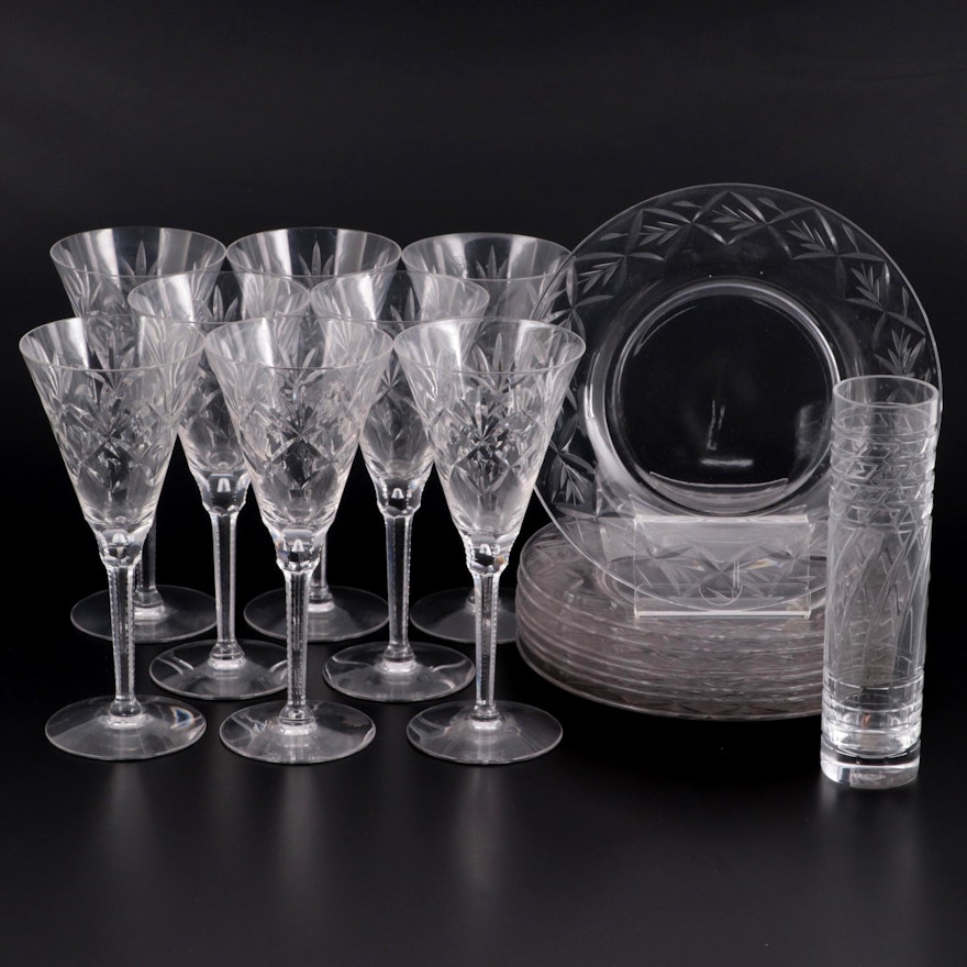 Baccarat Crystal Column Vase with Other Glass Plates and Stemware